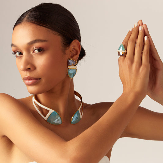 Anel Aminatu - Ágata Azul Céu/Quartzo Fumê Semijoias de luxo e design exclusivo