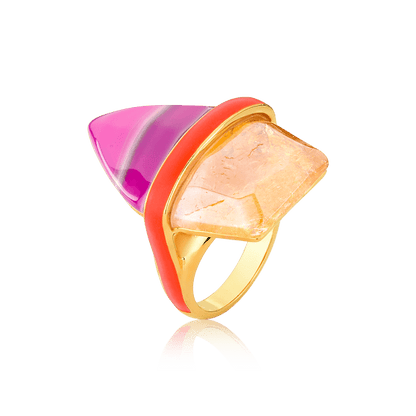 Anel Aminatu - Ágata Rosa Pink Listrada/Citrino Semijoias de luxo e design exclusivo