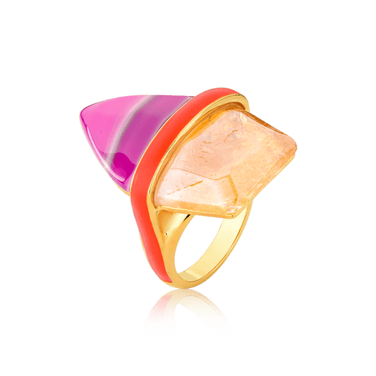 Anel Aminatu - Ágata Rosa Pink Listrada/Citrino Semijoias de luxo e design exclusivo