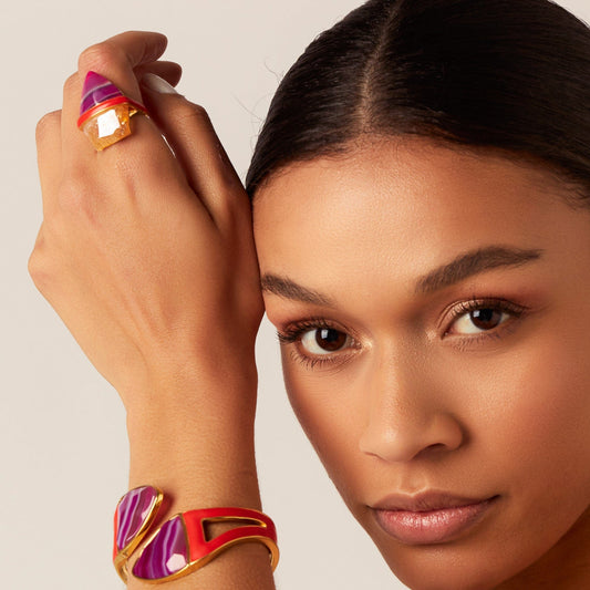 Anel Aminatu - Ágata Rosa Pink Listrada/Citrino Semijoias de luxo e design exclusivo