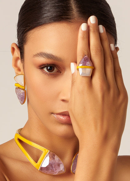 Anel Aminatu - Ametista/Ágata Branca Semijoias de luxo e design exclusivo