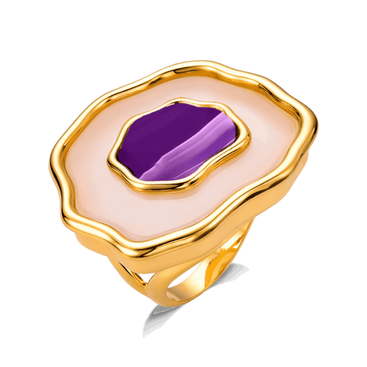 Anel Anthera - Ágata Branca e Ágata Roxa Listrada Semijoias de luxo e design exclusivo