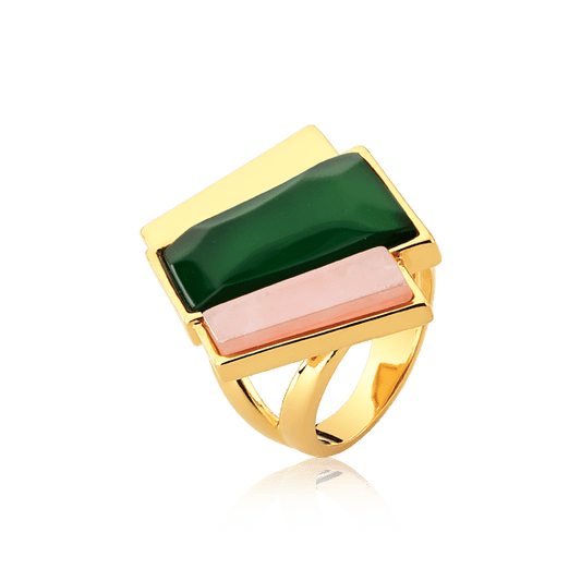 Anel Cascata - Ágata Verde e Quartzo Rosa Semijoias de luxo e design exclusivo