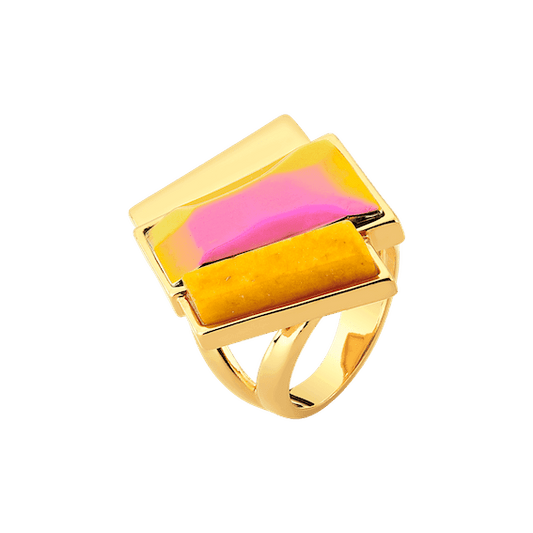 Anel Cascata - Cristal Multicolorido e Feldspato Amarelo Semijoias de luxo e design exclusivo