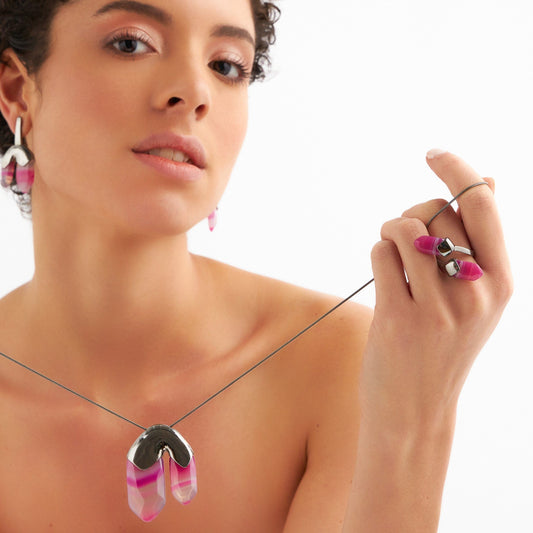 Anel Difluence - Ágata Rosa Pink Listrada Semijoias de luxo e design exclusivo