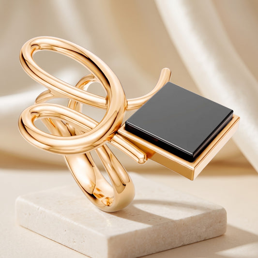 Anel Esboço Obsidiana Negra banhado a ouro 18k em vista 3/4 sobre travertino | Aimer Joias