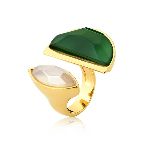 Anel Escudo - Ágata Branca e Ágata Verde Semijoias de luxo e design exclusivo