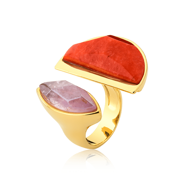 Anel Escudo - Ametista e Feldspato Laranja Semijoias de luxo e design exclusivo