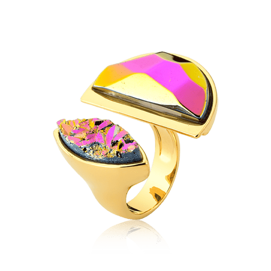 Anel Escudo - Drusa Multicolorida e Cristal Multicolorido Semijoias de luxo e design exclusivo