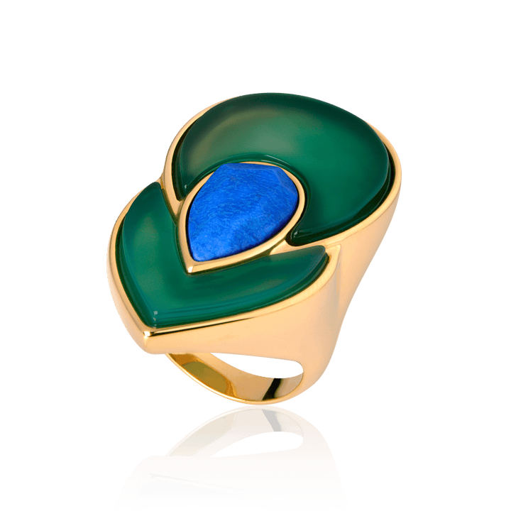 Anel Flor de Lótus - Ágata Verde/Feldspato Azul Anil Semijoias de luxo e design exclusivo