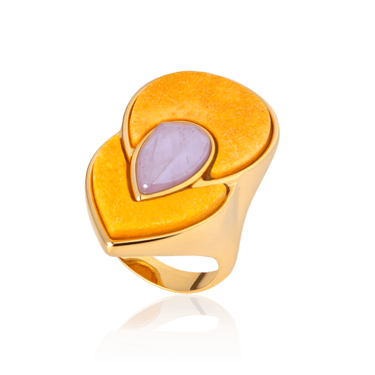 Anel Flor de Lótus - Feldspato Amarelo/Ametista Semijoias de luxo e design exclusivo