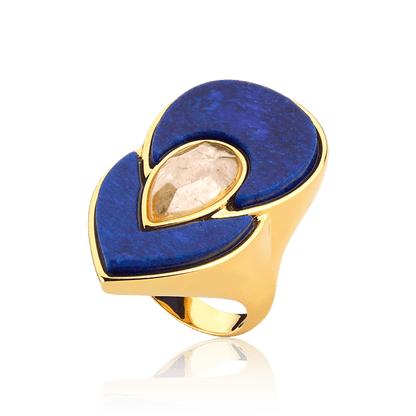 Anel Flor de Lótus - Feldspato Azul Anil e Citrino — Ouro 18K | Aimer Joias | semijoia feminina
