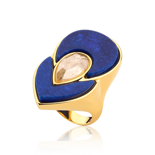 Anel Flor de Lótus - Feldspato Azul Anil/Citrino Semijoias de luxo e design exclusivo