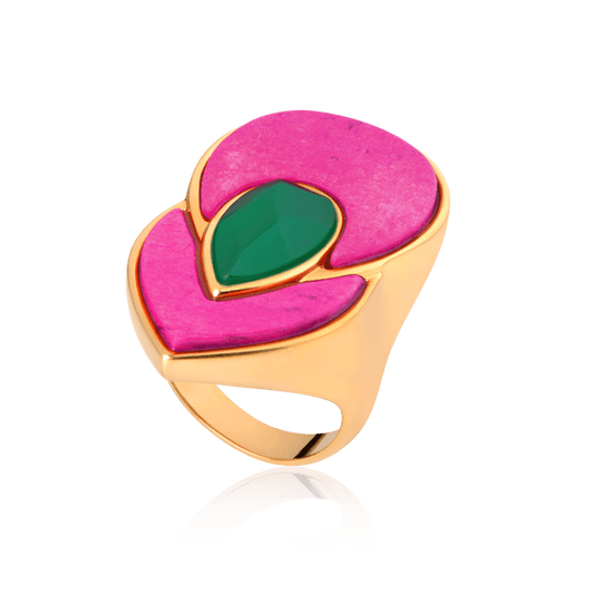 Anel Flor de Lótus - Verde/Rosa Pink Semijoias de luxo e design exclusivo