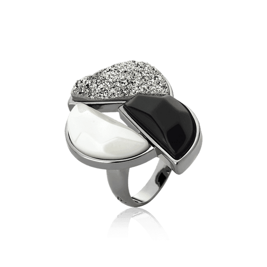 Anel Impacto - Obsidiana Negra/Porcelana/Drusa Platina Semijoias de luxo e design exclusivo