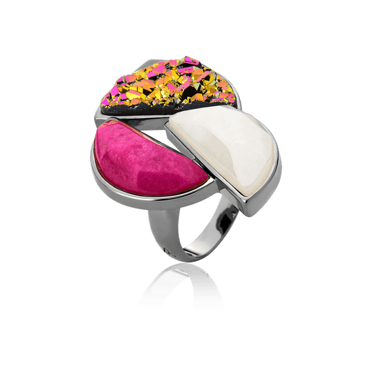 Anel Impacto - Porcelana Branca/Feldspato Rosa Pink/Drusa Multicolorida Semijoias de luxo e design exclusivo