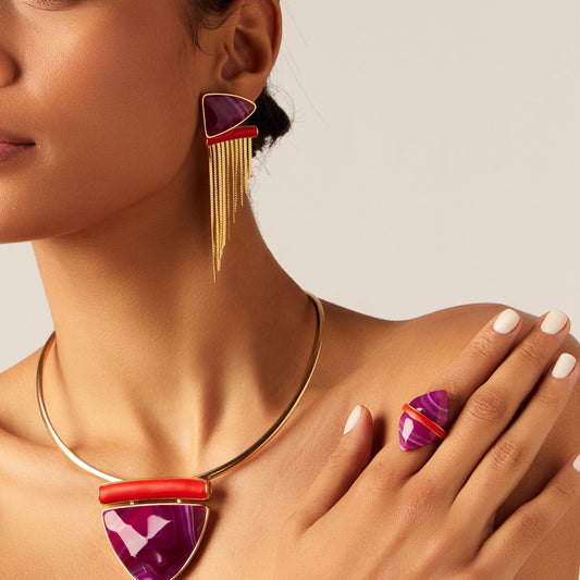 Anel Kahina - Ágata Rosa Pink Listrada Semijoias de luxo e design exclusivo