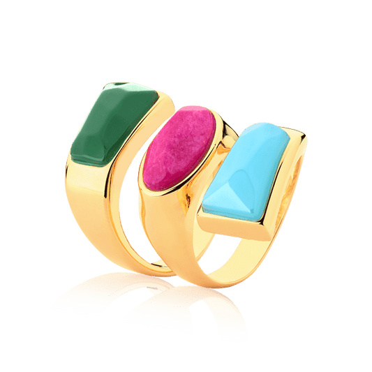 Anel Kalanchoe - Ágata Verde/feldspato Rosa Pink/Ágata Azul Céu Semijoias de luxo e design exclusivo