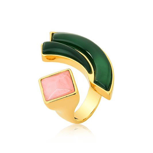Anel Strelitzia - Ágata Verde e Quartzo Rosa Semijoias de luxo e design exclusivo