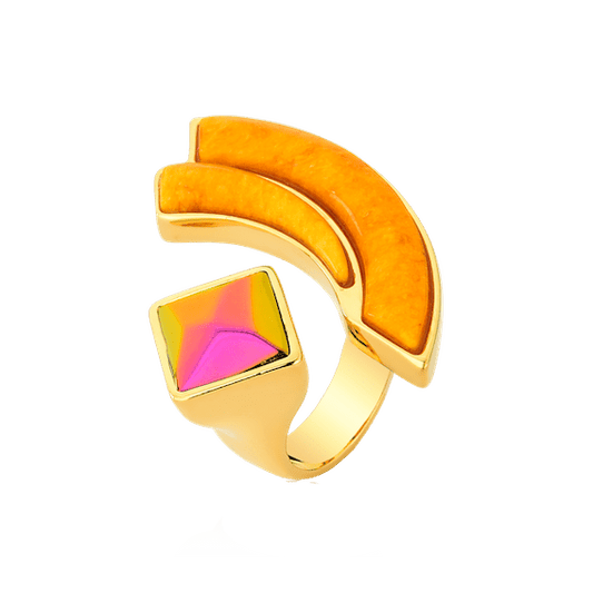 Anel Strelitzia - Feldspato Amarelo e Cristal Multicolorido Semijoias de luxo e design exclusivo