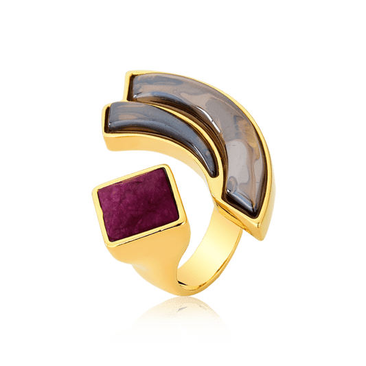 Anel Strelitzia- Quartzo Fumê e Feldspato Rosa Pink Semijoias de luxo e design exclusivo