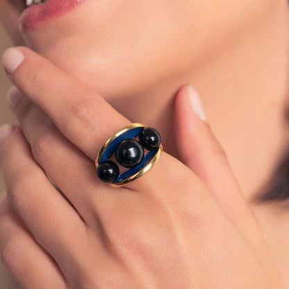 Anel Sublime - Esmaltado Azul Anil/Obsidiana Negra Semijoias de luxo e design exclusivo