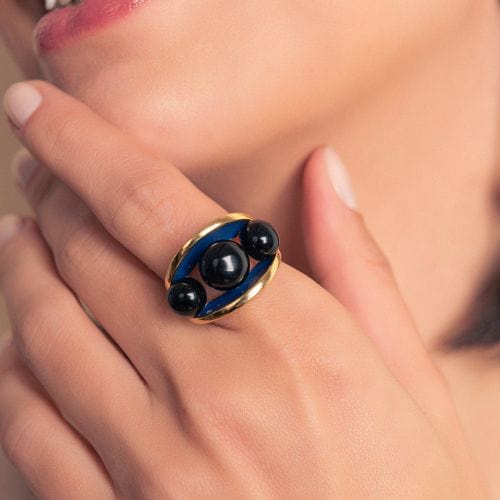Anel Sublime - Esmaltado Azul Anil/Obsidiana Negra Semijoias de luxo e design exclusivo