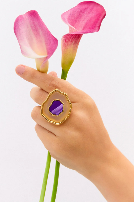 Anel Anthera - Ágata Branca e Ágata Roxa Listrada