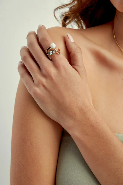 Anel Recomeço com Howlita Branca e Drusa Platina em Banho de Ouro 18K