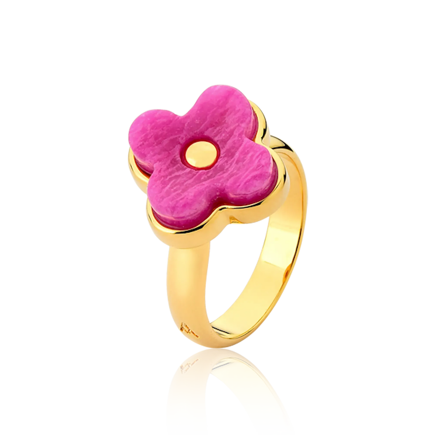 O Anel Afeto com Feldspato Rosa Pink em Banho de Ouro 18K é a joia ideal para quem busca estilo e sofisticação. A cor vibrante da pedra natural cria um visual luxuoso e atemporal em contraste com o banho dourado.