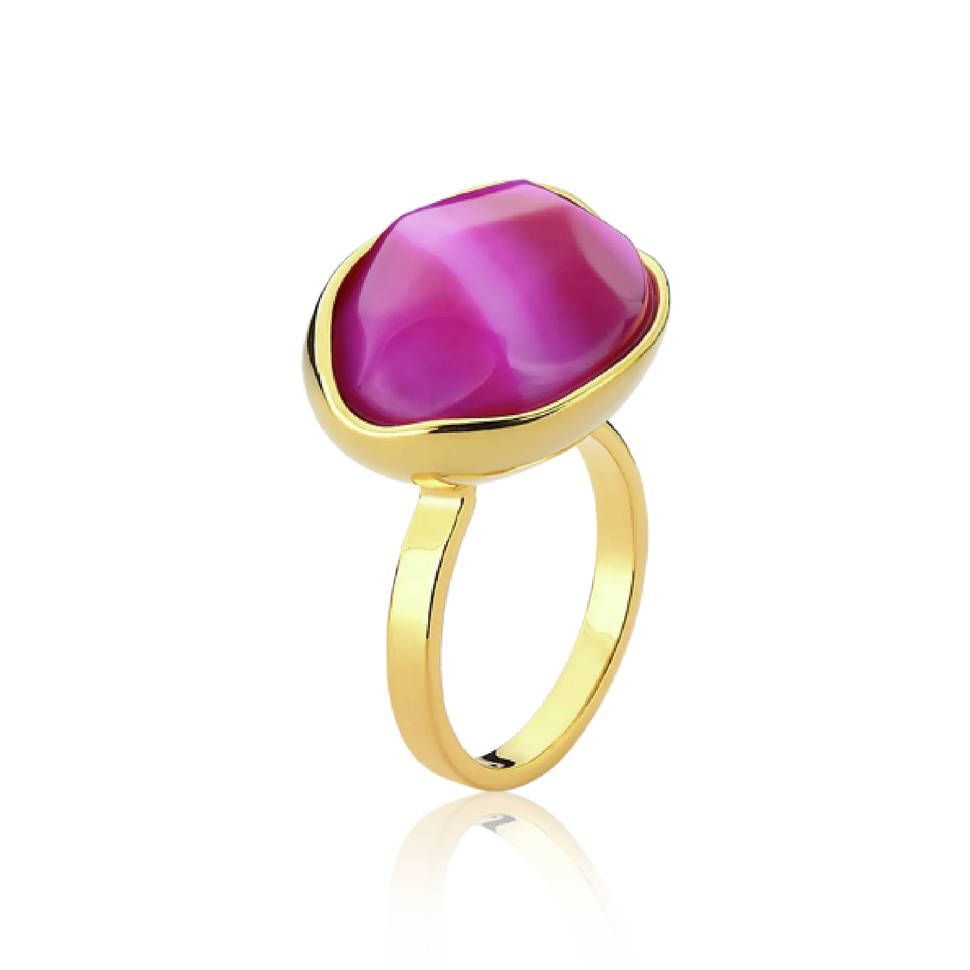 O Anel Renascer com Ágata Rosa Pink Listrada e Banho de Ouro 18K é uma peça vibrante e marcante. A lapidação multifacetada da Ágata realça seus tons de rosa com listras, criando um visual sofisticado e cheio de personalidade que contrasta com o luxo do banho de ouro.