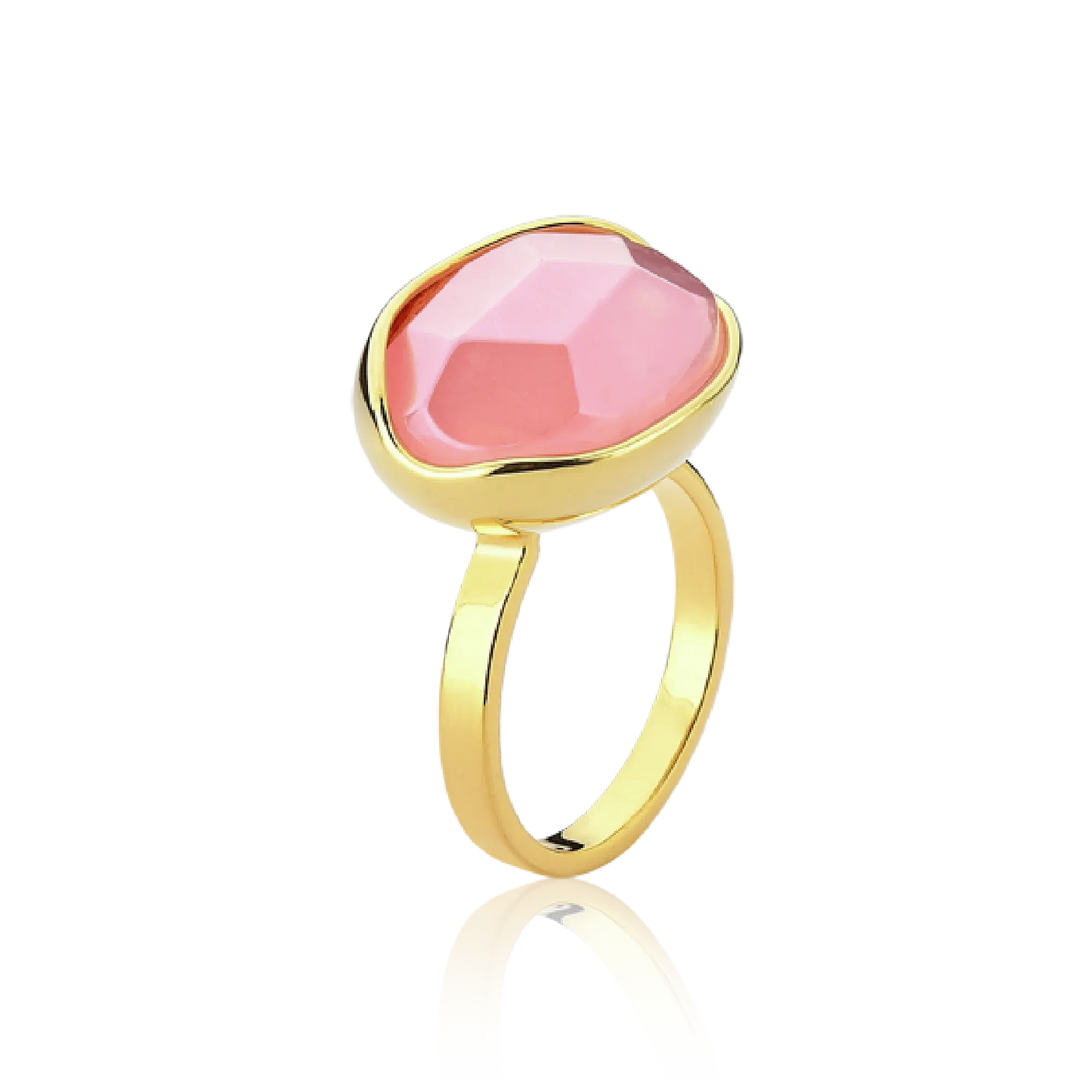 O Anel Renascer com Quartzo Rosa e Banho de Ouro 18K é uma peça delicada e sofisticada. A lapidação multifacetada da pedra realça seu tom rosa suave, criando um visual marcante que contrasta com o luxo do banho de ouro.