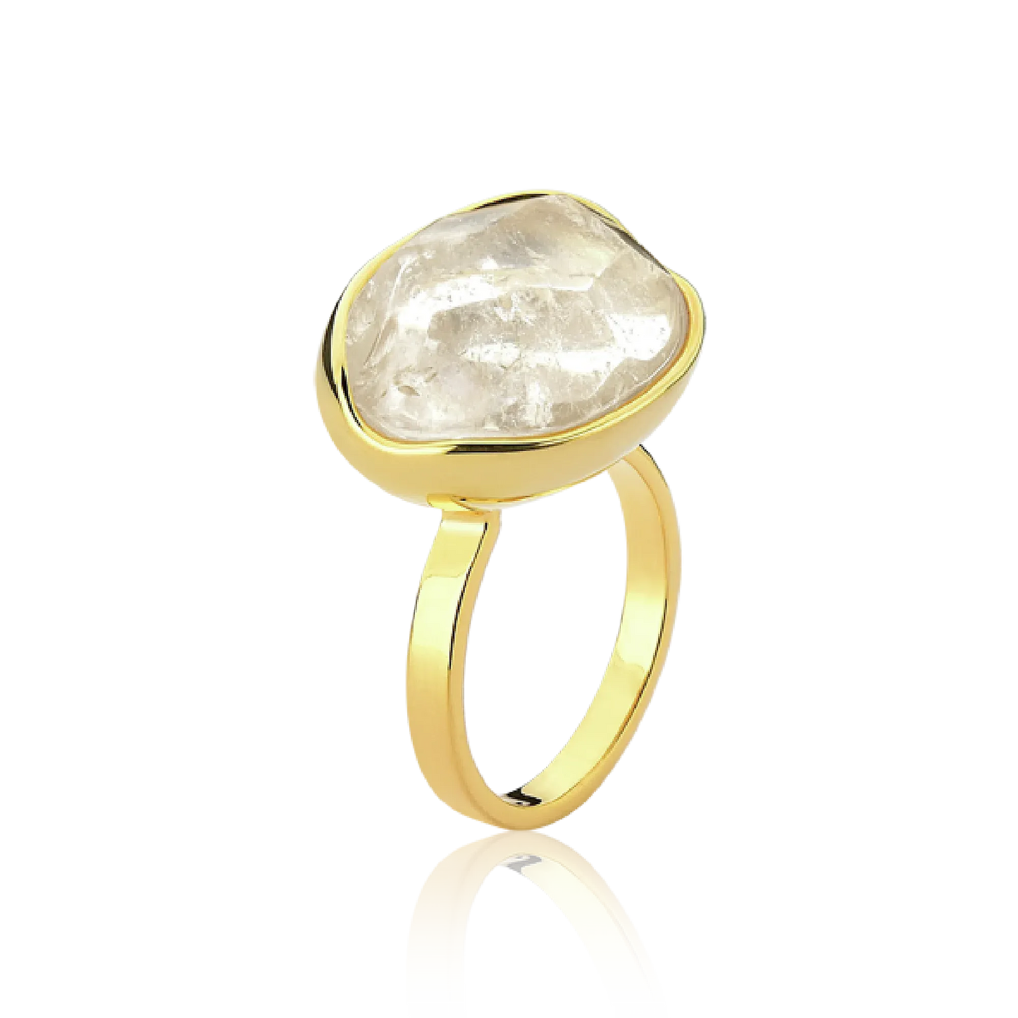 O Anel Renascer com Cristal de Rocha e Banho de Ouro 18K é uma peça clássica e atemporal. A lapidação multifacetada do cristal transparente proporciona um brilho intenso, criando um visual sofisticado que contrasta com o luxo do banho de ouro.