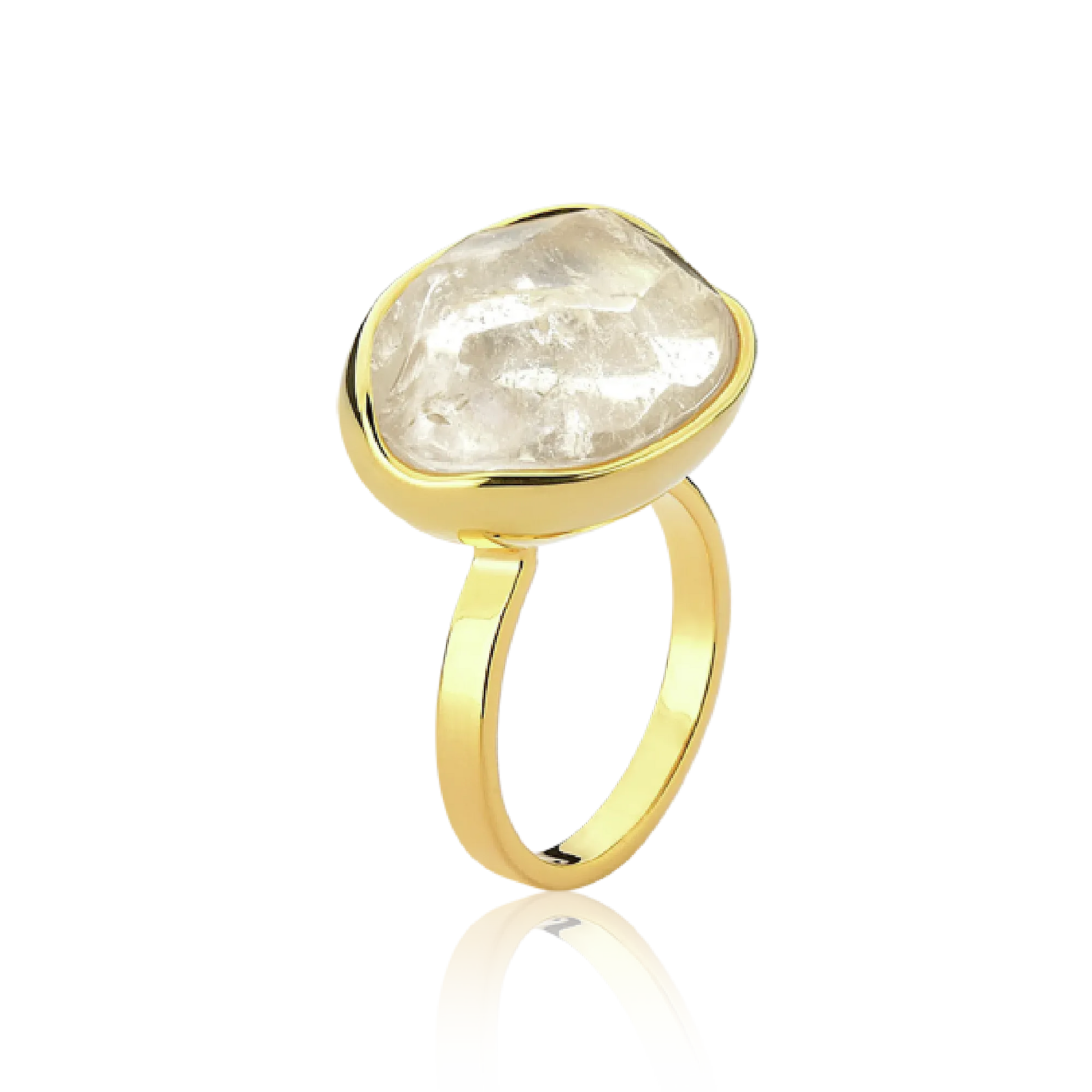 O Anel Renascer com Cristal de Rocha e Banho de Ouro 18K é uma peça clássica e atemporal. A lapidação multifacetada do cristal transparente proporciona um brilho intenso, criando um visual sofisticado que contrasta com o luxo do banho de ouro.