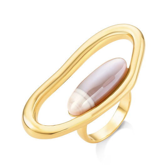 Anel Reconectar - Ágata Cinza Listrada a Ouro 18k