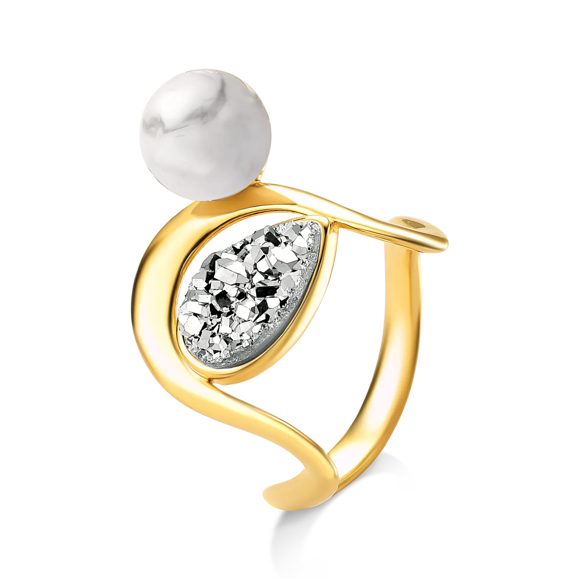 Use o Anel Recomeço com Howlita Branca e Drusa Platina em Banho de Ouro 18K para acalmar a mente e despertar paz interior.