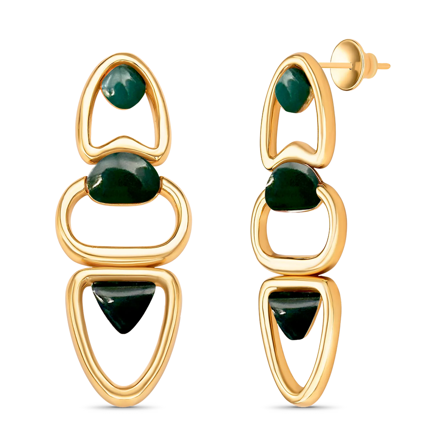 Use o Brinco Fluir com Ágata Verde em Banho de Ouro 18K para atrair equilíbrio, prosperidade e renovação para o seu dia a dia.