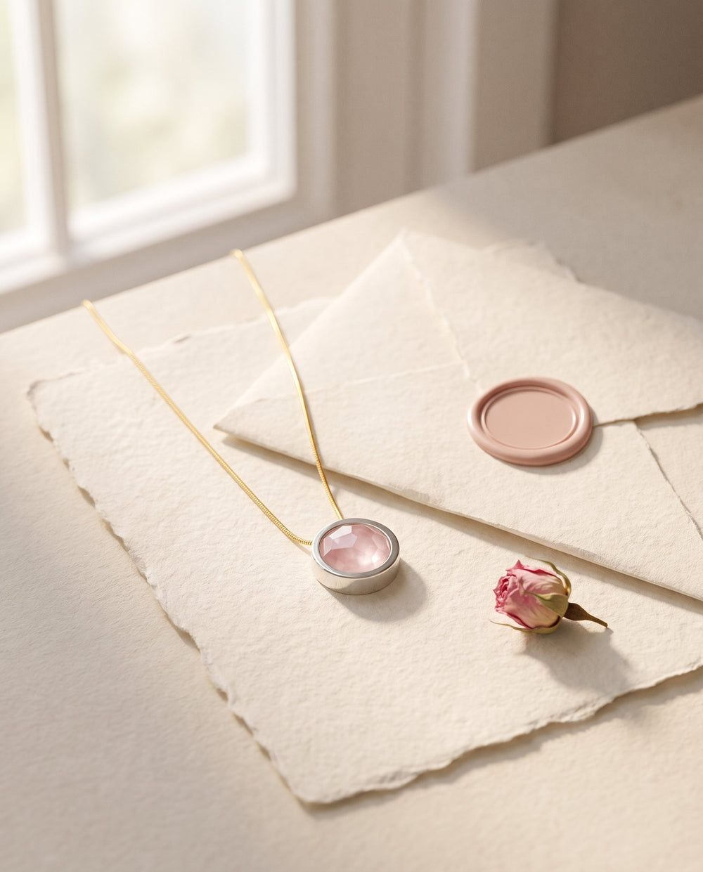 Colar Eterno com Quartzo Rosa sobre papel artesanal, ao lado de uma carta fechada com lacre rosa e um botão de rosa seco