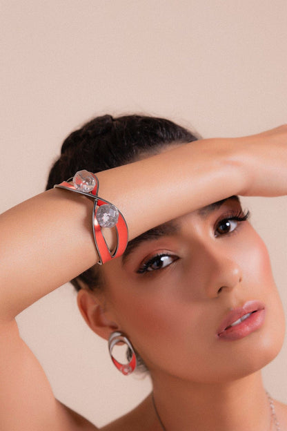 Bracelete Atração - Esmaltado Laranja/Cristal de Rocha Semijoias de luxo e design exclusivo
