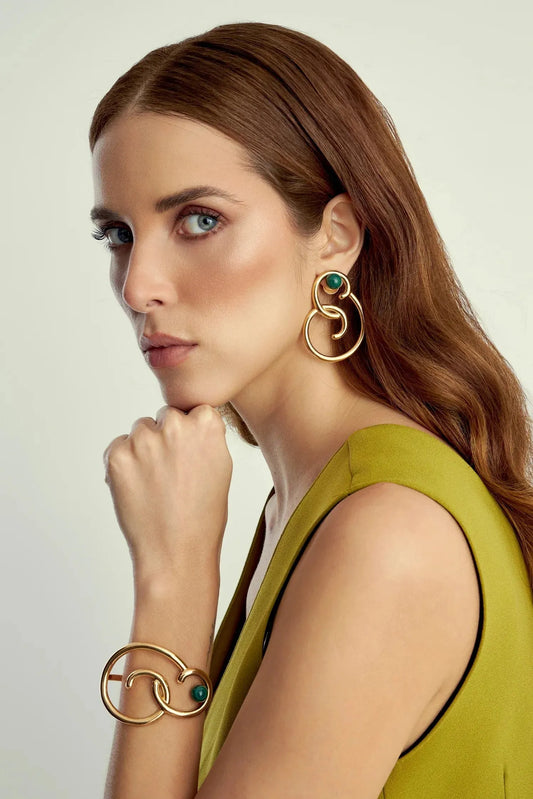 Bracelete Trajetos com Malaquita em Banho de Ouro 18K