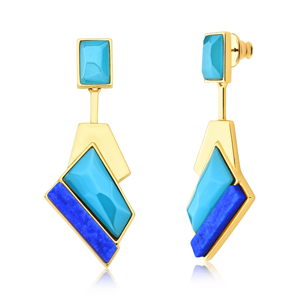 Brinco Chuva - Ágata Azul Céu e Feldspato Azul Anil Brinco