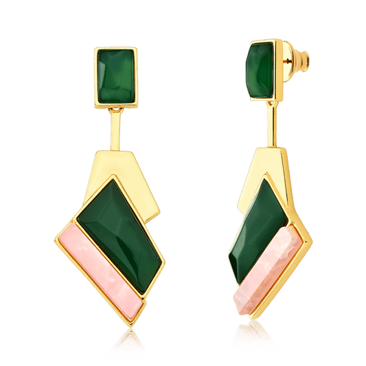Brinco Chuva - Ágata Verde e Quartzo Rosa Semijoias de luxo e design exclusivo
