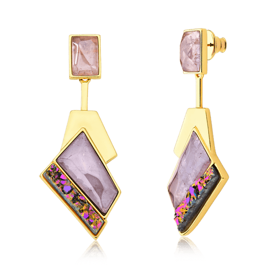 Brinco Chuva - Ametista e Drusa multicolorida Semijoias de luxo e design exclusivo