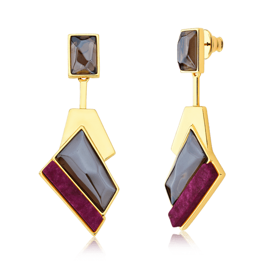 Brinco Chuva - Quartzo fumê e Feldspato Rosa Pink Semijoias de luxo e design exclusivo