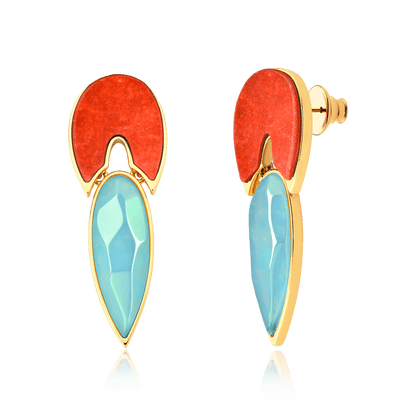 Conjunto Flor de Lótus - Feldspato Laranja + Ágata Azul Céu — Ouro 18K | Aimer Joias | semijoia feminina pedra natural
