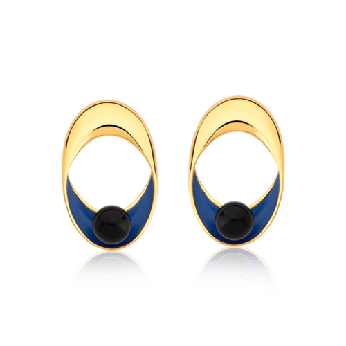 Brinco Sinergia - Esmaltado Azul Anil/Obsidiana Negra Semijoias de luxo e design exclusivo