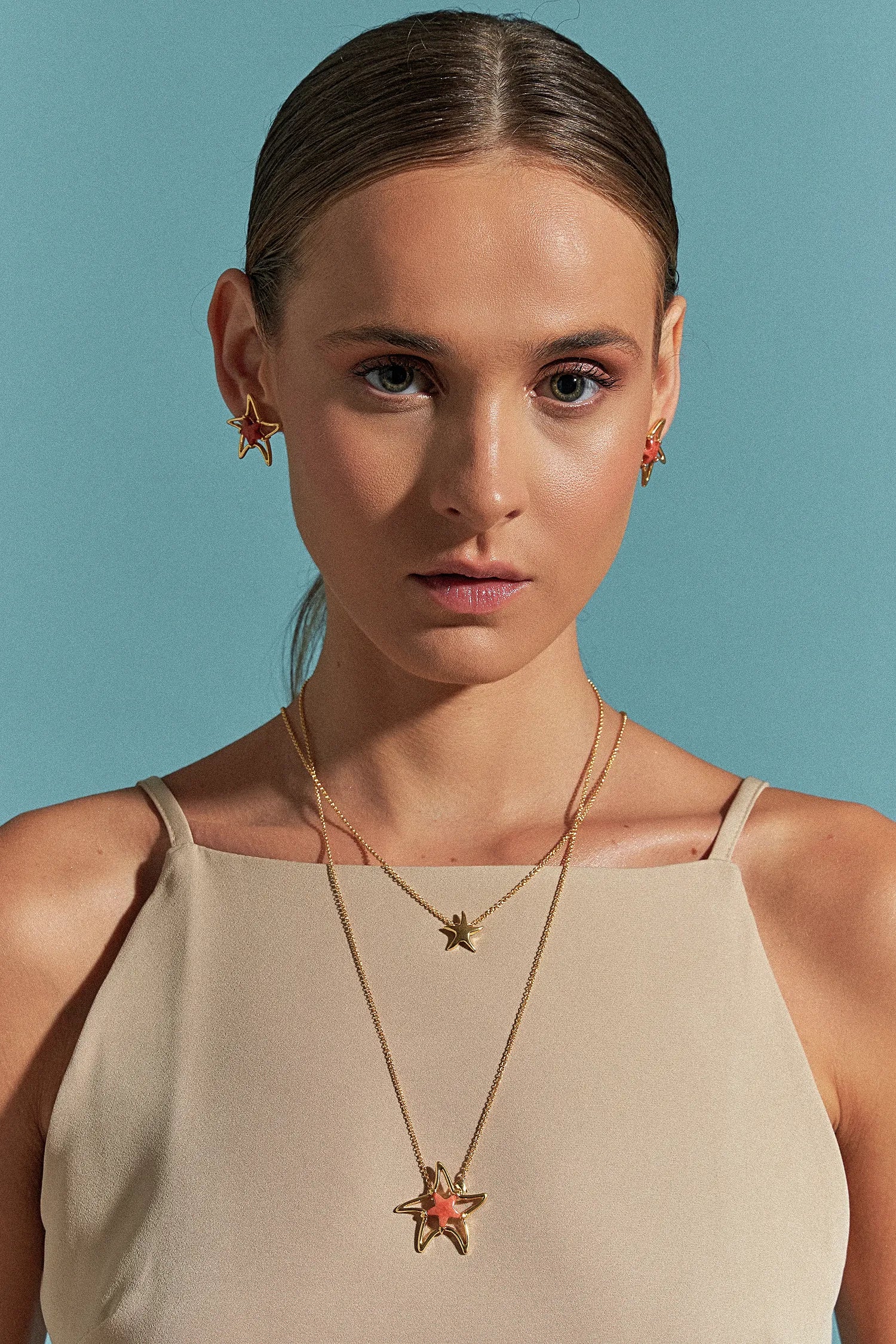 Colar Brisa com Feldspato Laranja em Banho de Ouro 18K