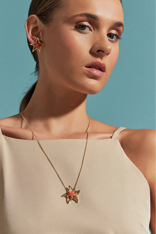 Colar Brisa com Feldspato Laranja em Banho de Ouro 18K