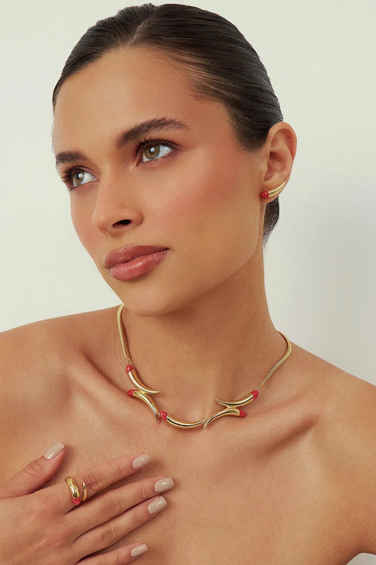 O Colar Caminhos com Feldspato Vermelho em Banho de Ouro 18K é uma joia de luxo que confere energia e paixão, unindo a força da pedra ao brilho imponente do ouro.