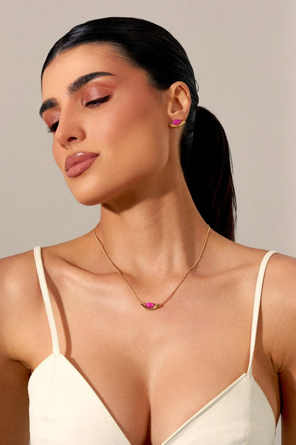 Colar Sentir - Feldspato Rosa Pink  Banho de Ouro 18K